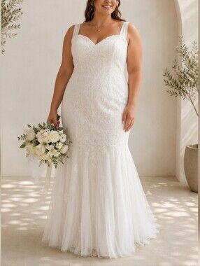 Fiesta White Lace & Swiss Dot Tulle Fit N Flare Sweetheart Wedding Dress sz XXXL